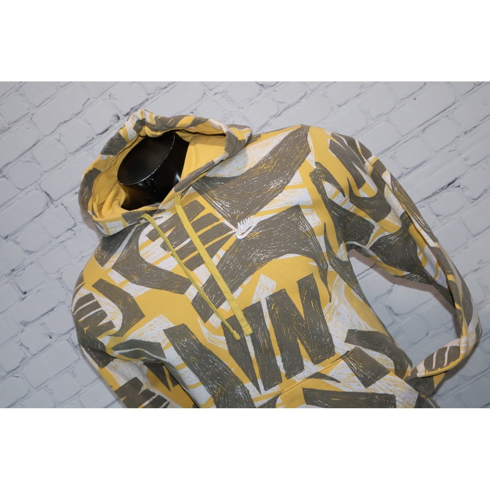 Nike Hoodie Mens Small Yellow Gray Abstract Allover Print Fleece Pullover **